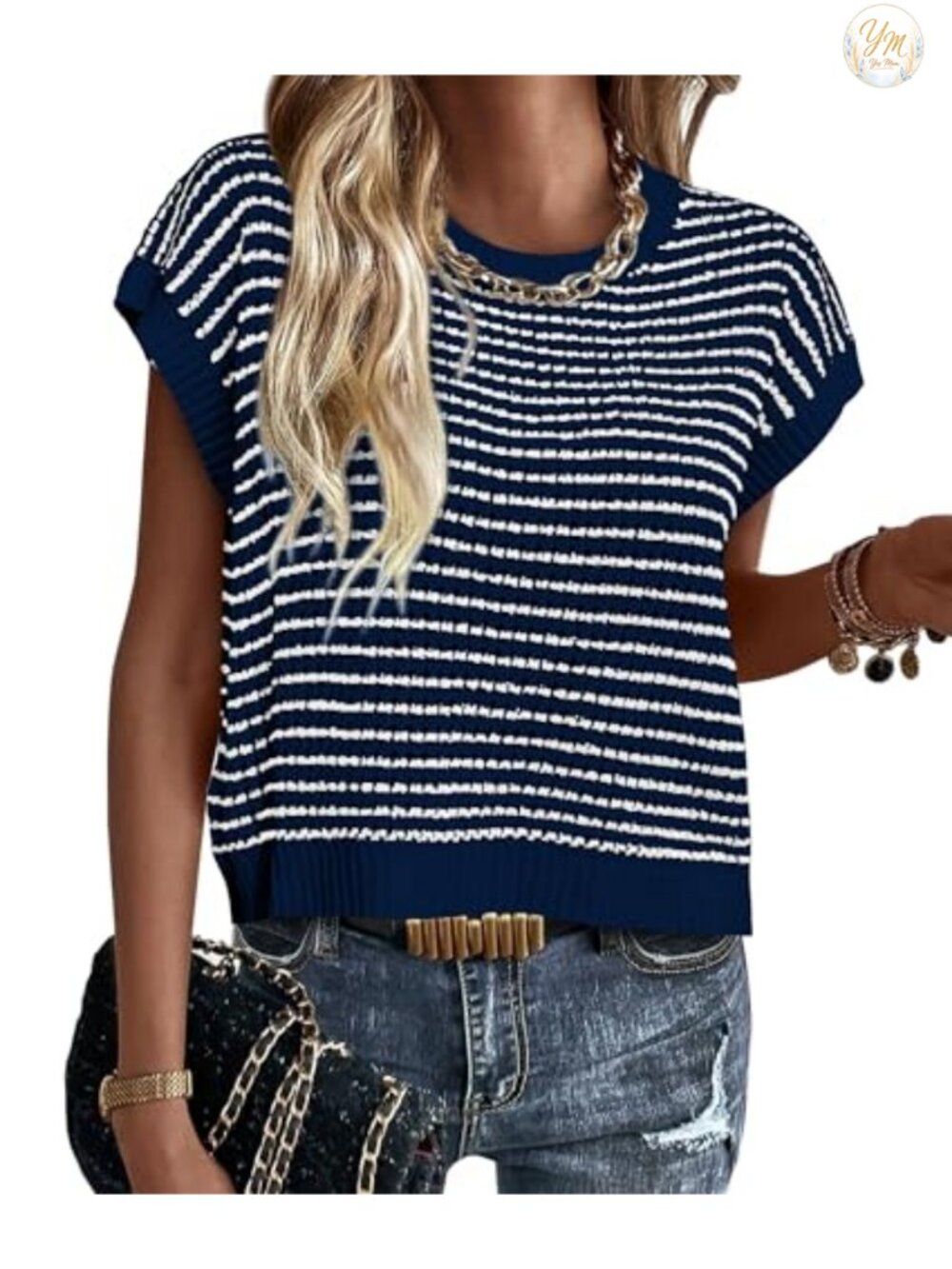 Striped Short Sleeve Sweater Vest Cap Sleeve Knit Layer Top